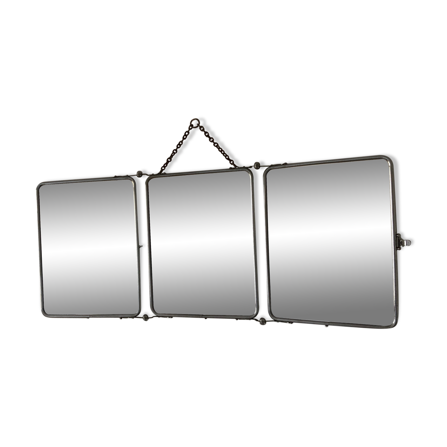 Vintage English green barber triptych mirror 1960 - 28 x 68 cm