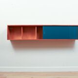 Vintage mid-century wall hung oak cabinets, blue & white sliding glass door