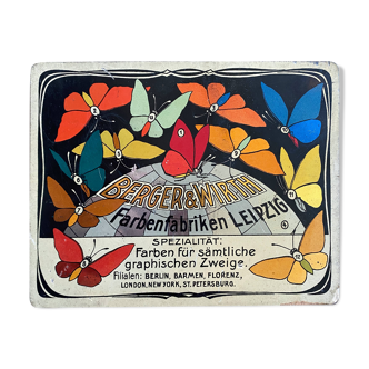 Old lithographed plaque Berger&Wirth Farbenfabriken with butterfly motifs