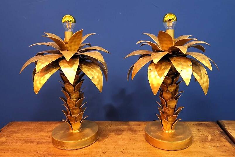 Hollywood Regency Palm Tree Lamp Trio – Hammered Gold Metal