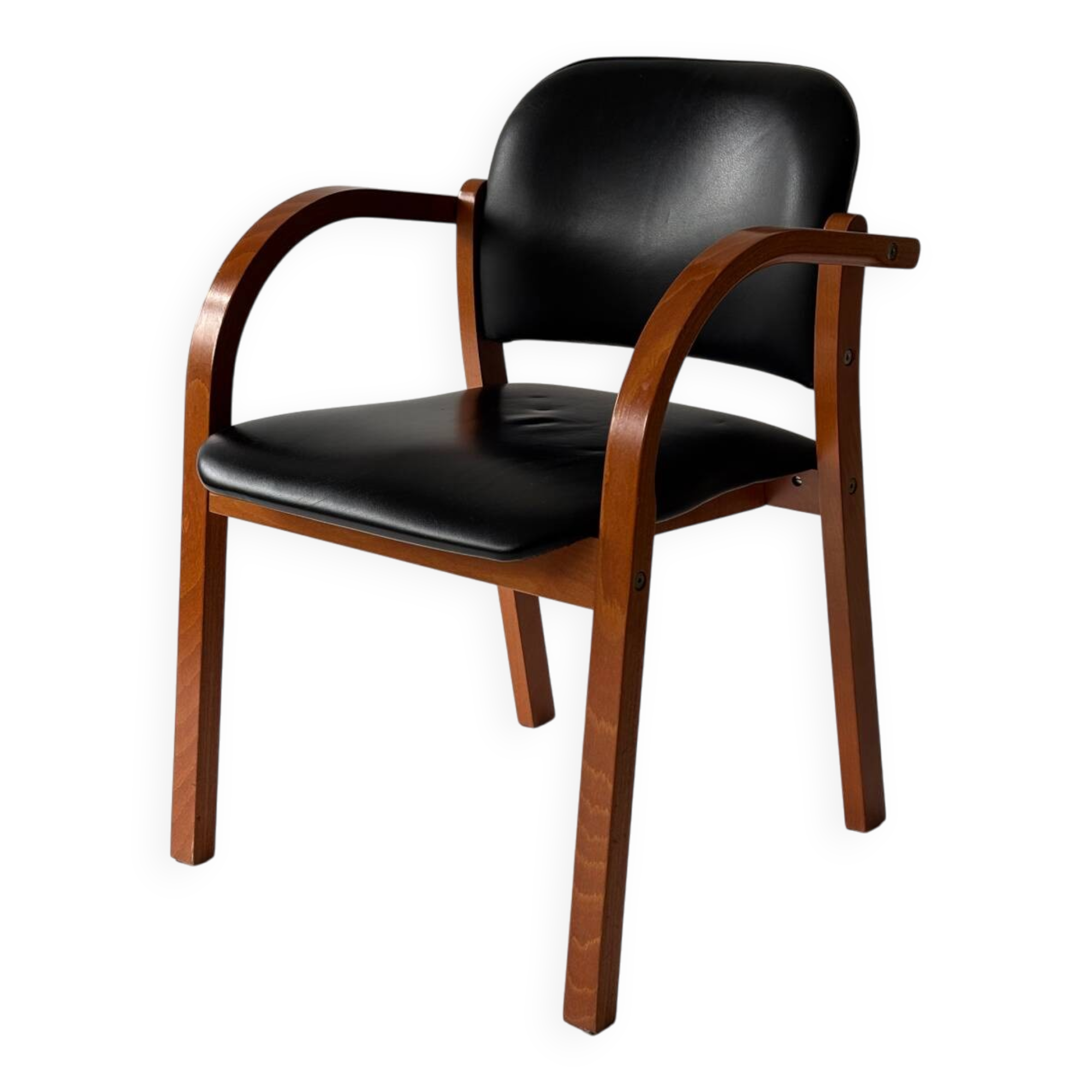 Chaise de bureau bois et Skaï noir 1980