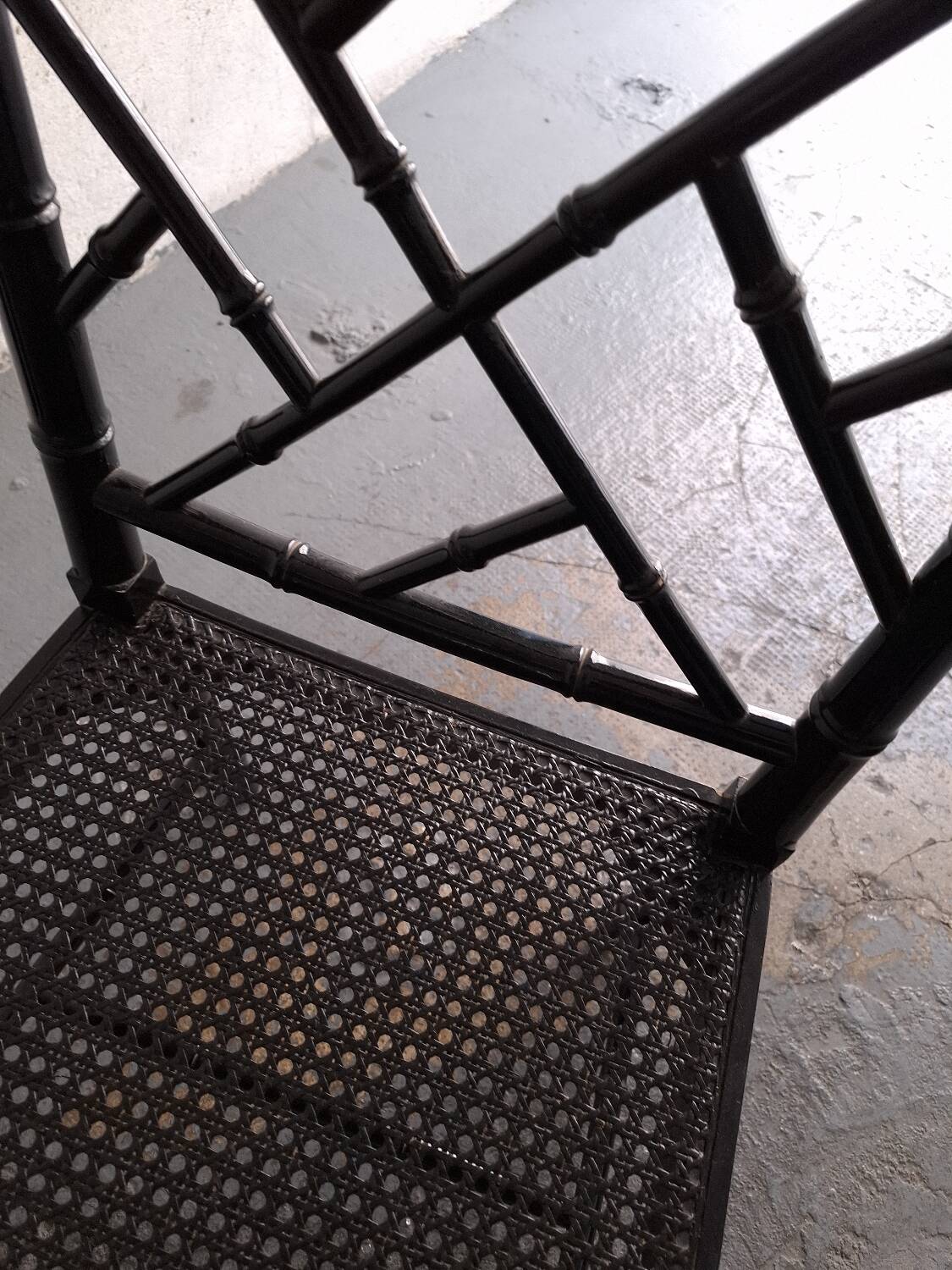 Black lacquered chair, faux bamboo, Chippendale, Jonathan Adler