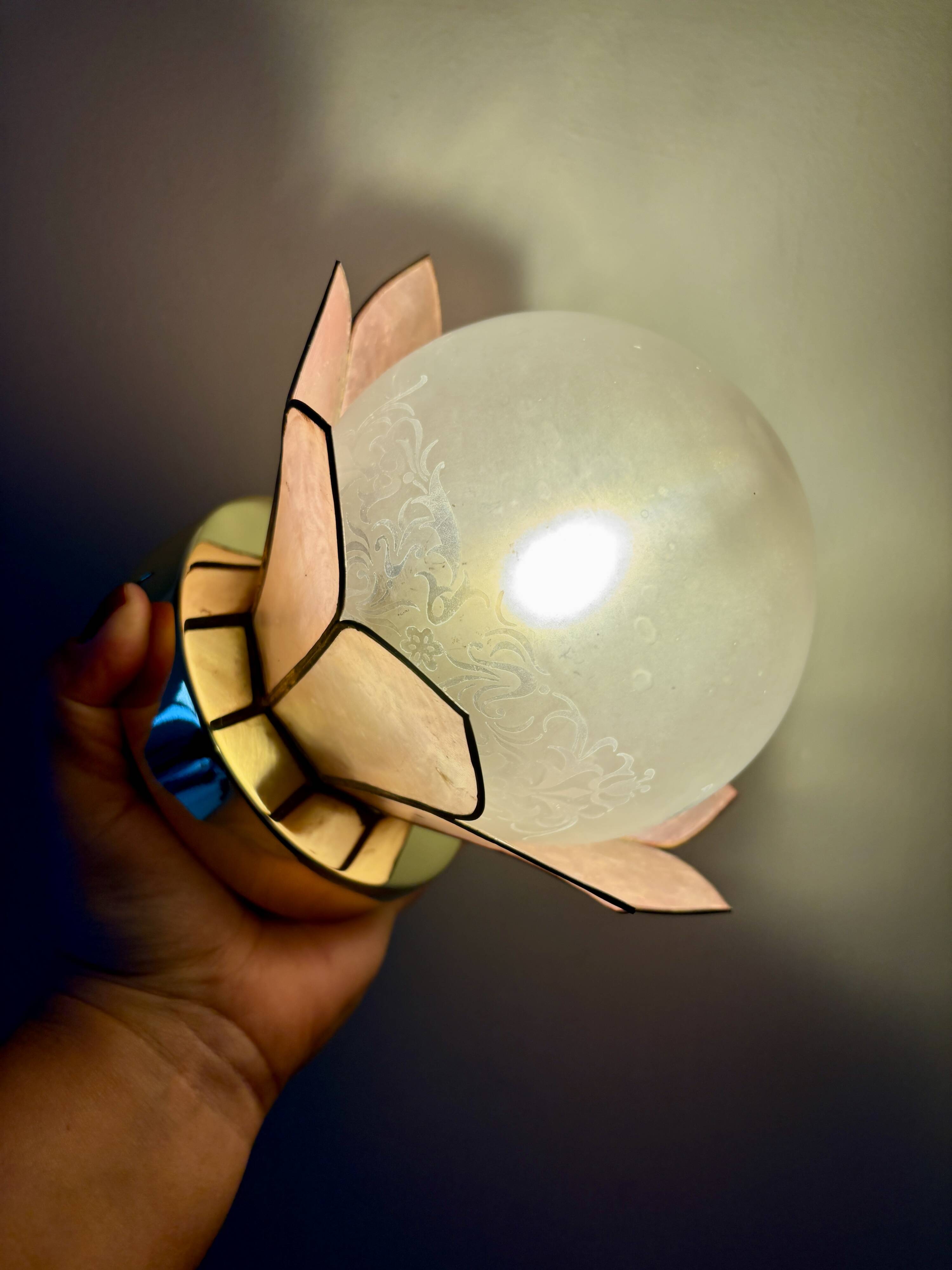 Vintage pink mother-of-pearl wall lamp with frosted glass globe