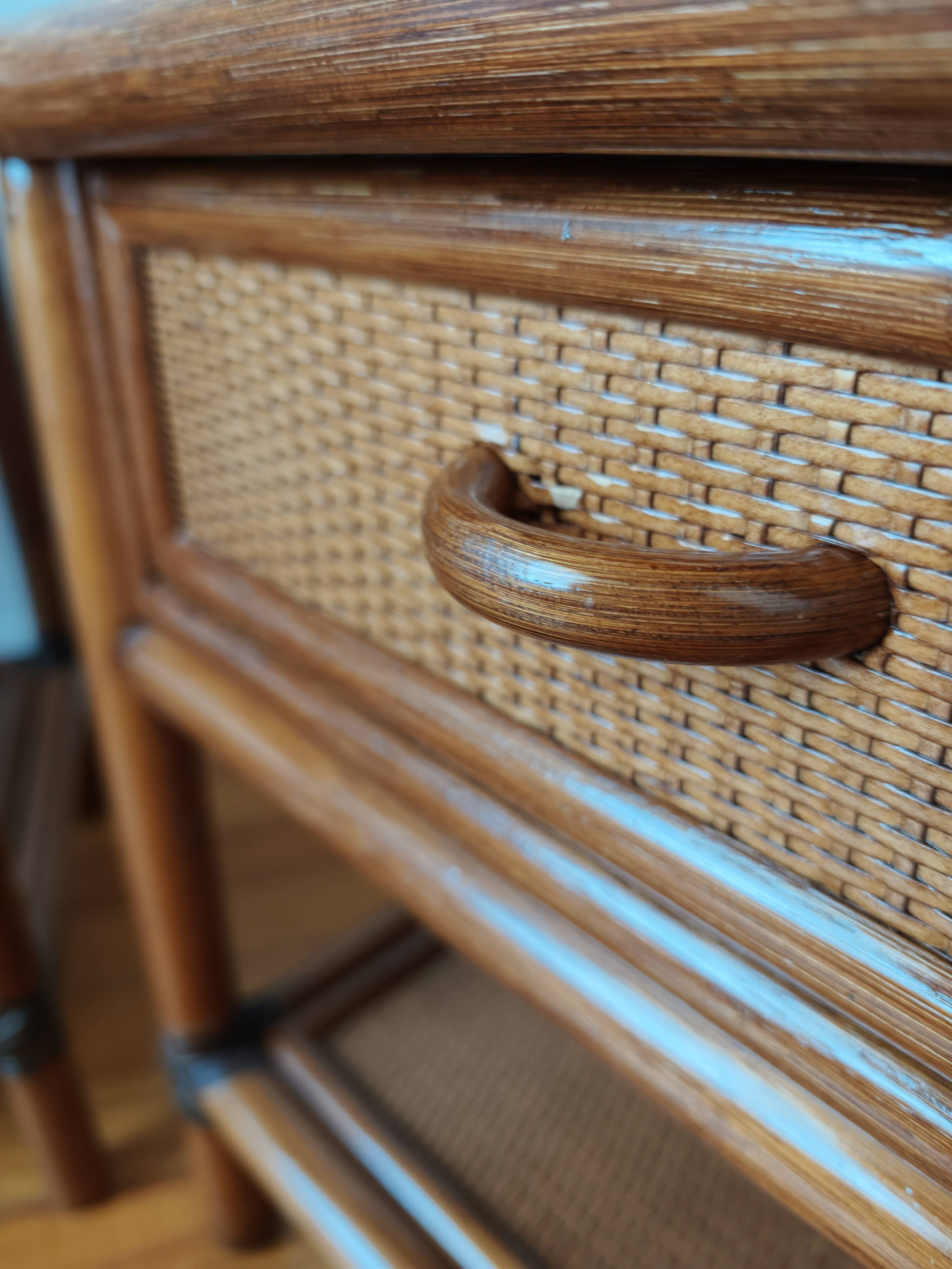 Pair of vintage rattan and cane bedside tables, 1970s