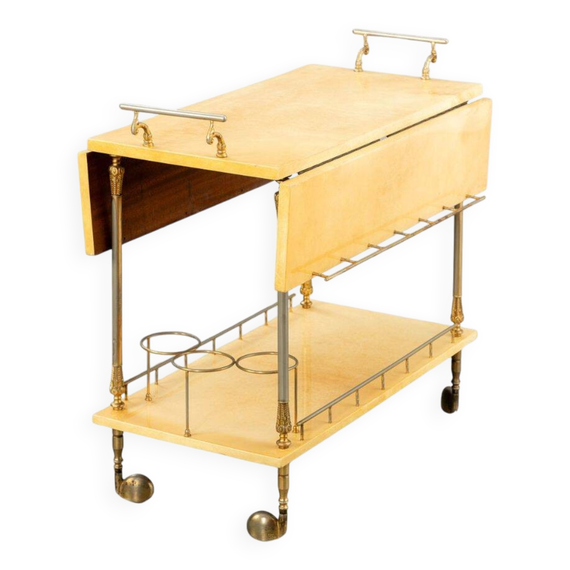 Lacquered Goatskin and Brass Bar Cart Aldo Tura style , 1960s, Italy