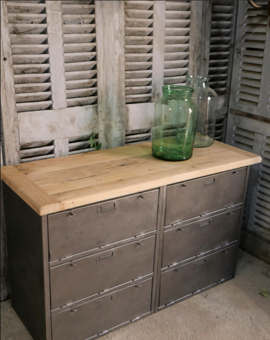 Military furniture metal console with wooden top and 6 drawers