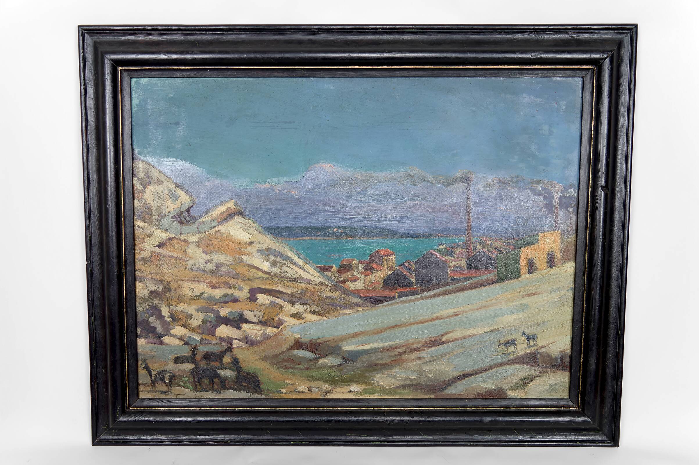 Painting, Oil on panel, "Mediterranean Coastal Town", France, 1930