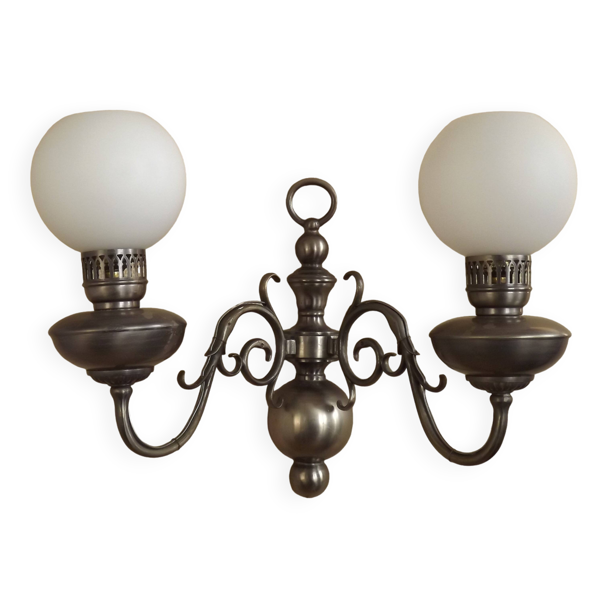 Vintage French silvered Flemish double wall sconce with opaque white glass shade 5007.
