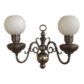 Double applique murale flamande argentée vintage française avec abat-jour en verre opaque blanc 5007