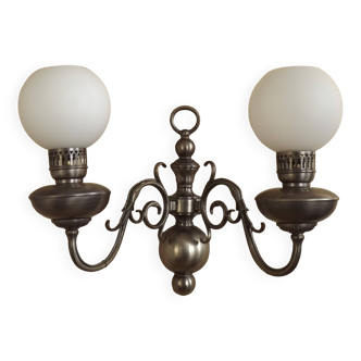 Double French Vintage Silver Flemish Wall Light with White Opaque Glass Shade 5007