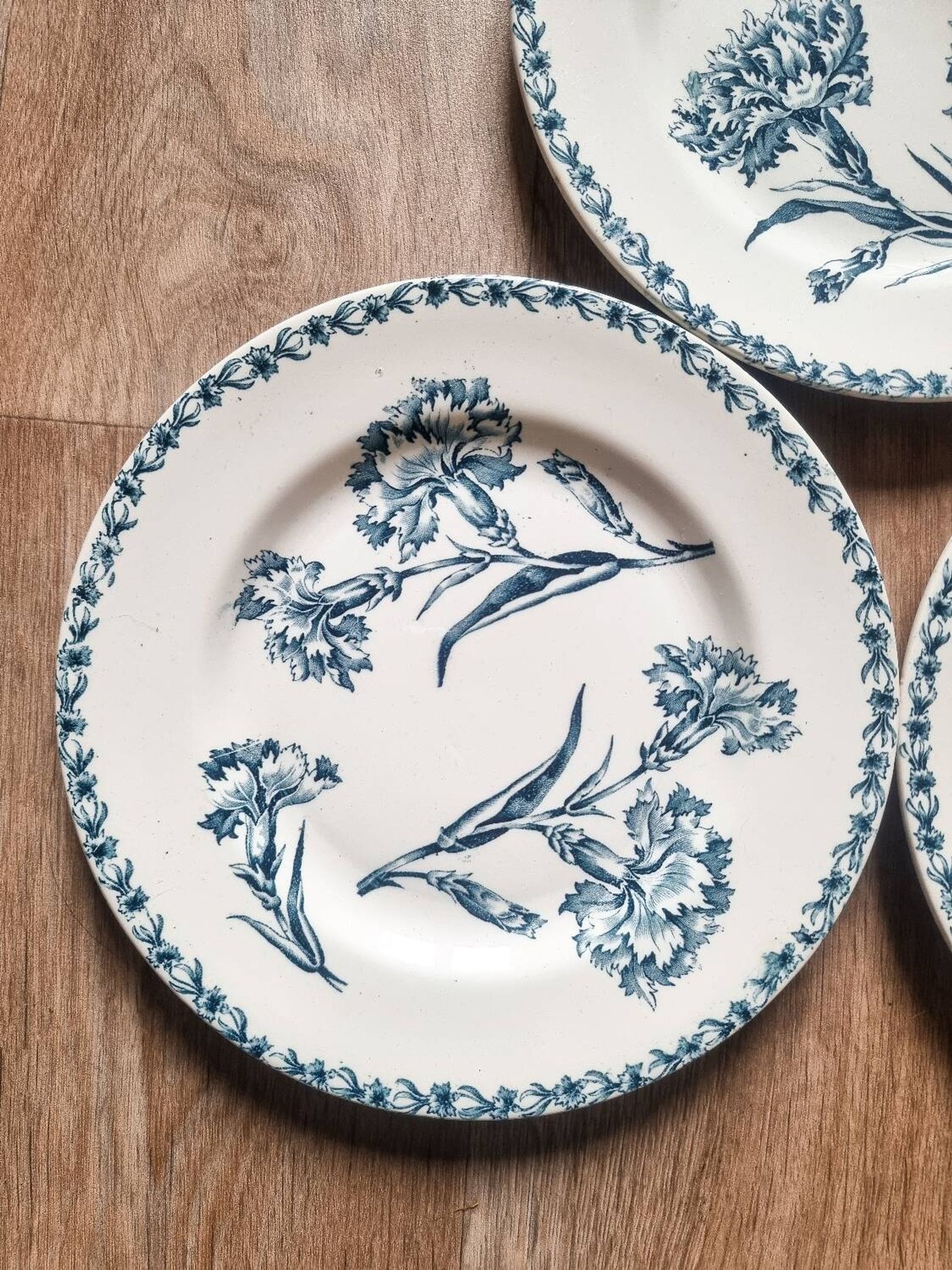 5 iron earthenware flat plates, KG Lunéville, Oeillet, 1900