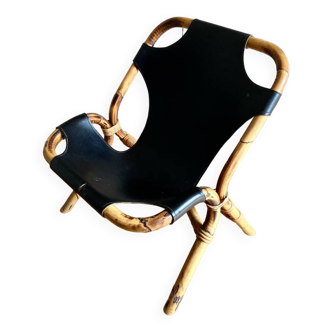 Bamboo and leather armchair slung