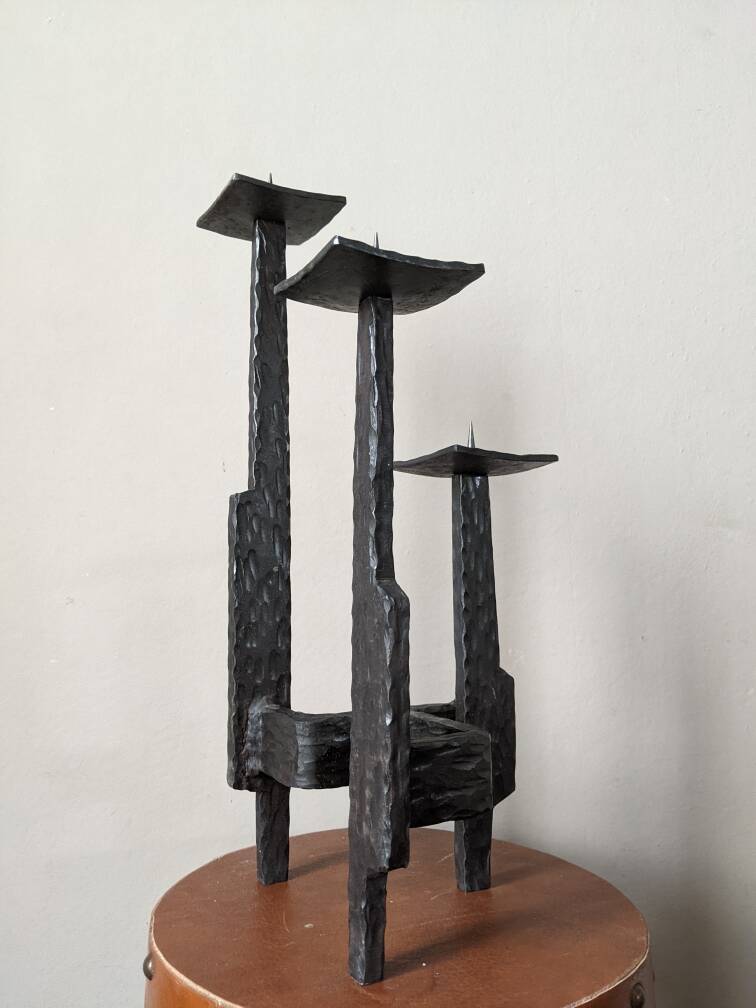 brutalist design candle holder wrought iron handcrafted ironwork art