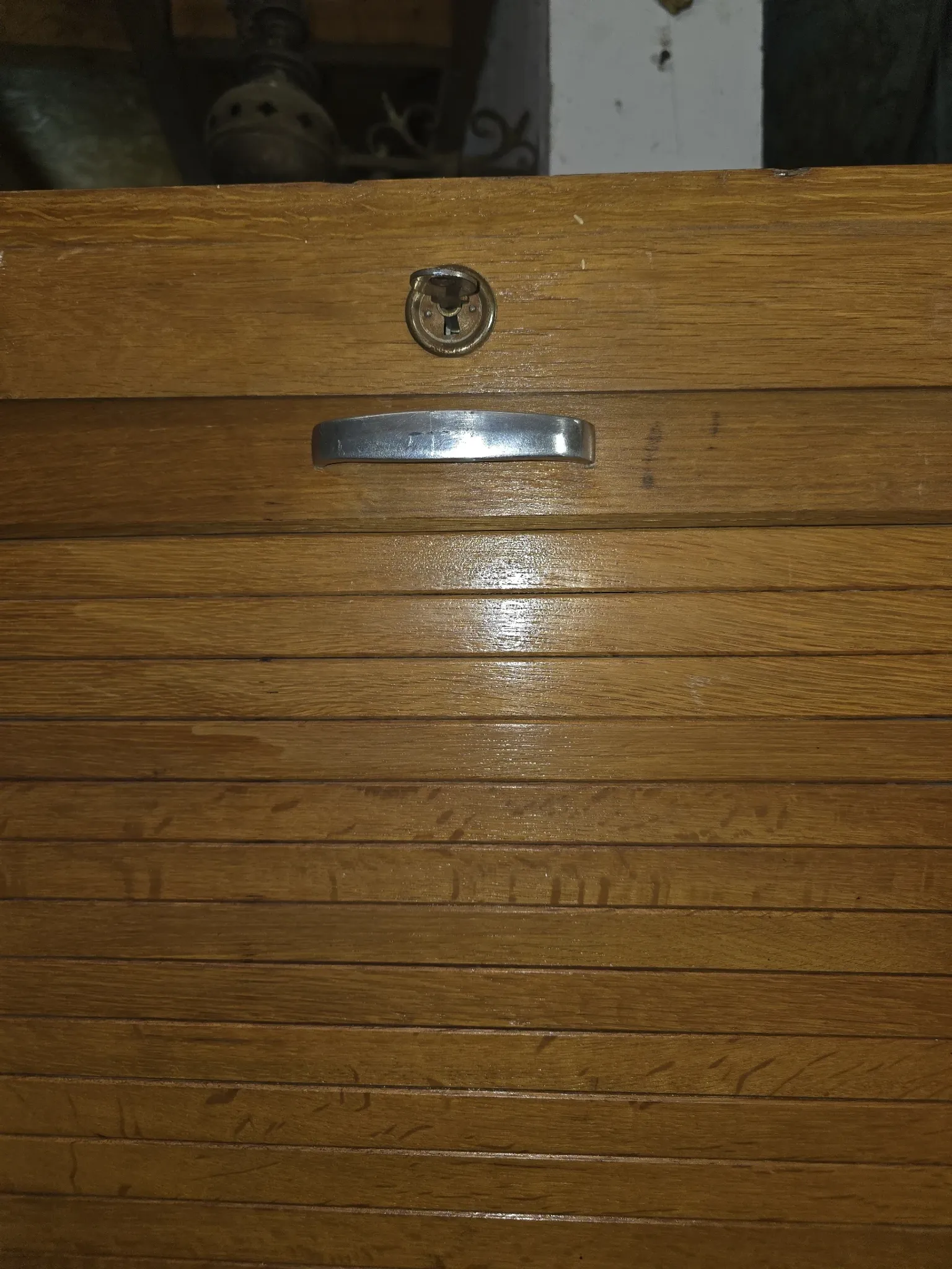Vintage oak three-panel curtain cabinet