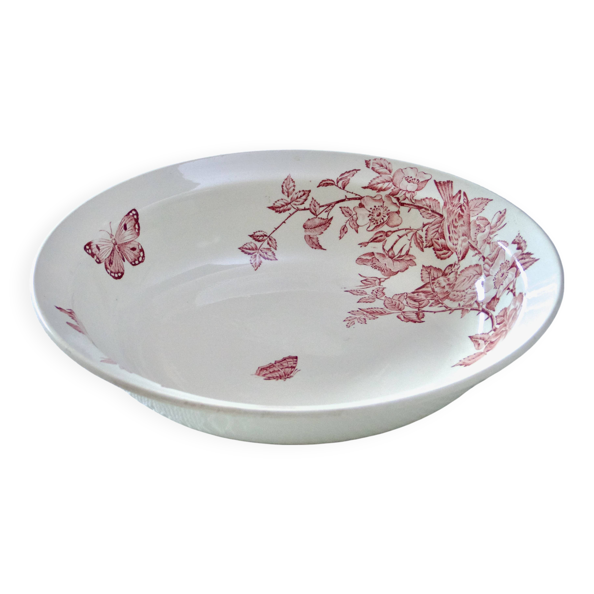 Large 19th century pink ironstone salad bowl with birds, dragonfly and butterflies, Badonviller