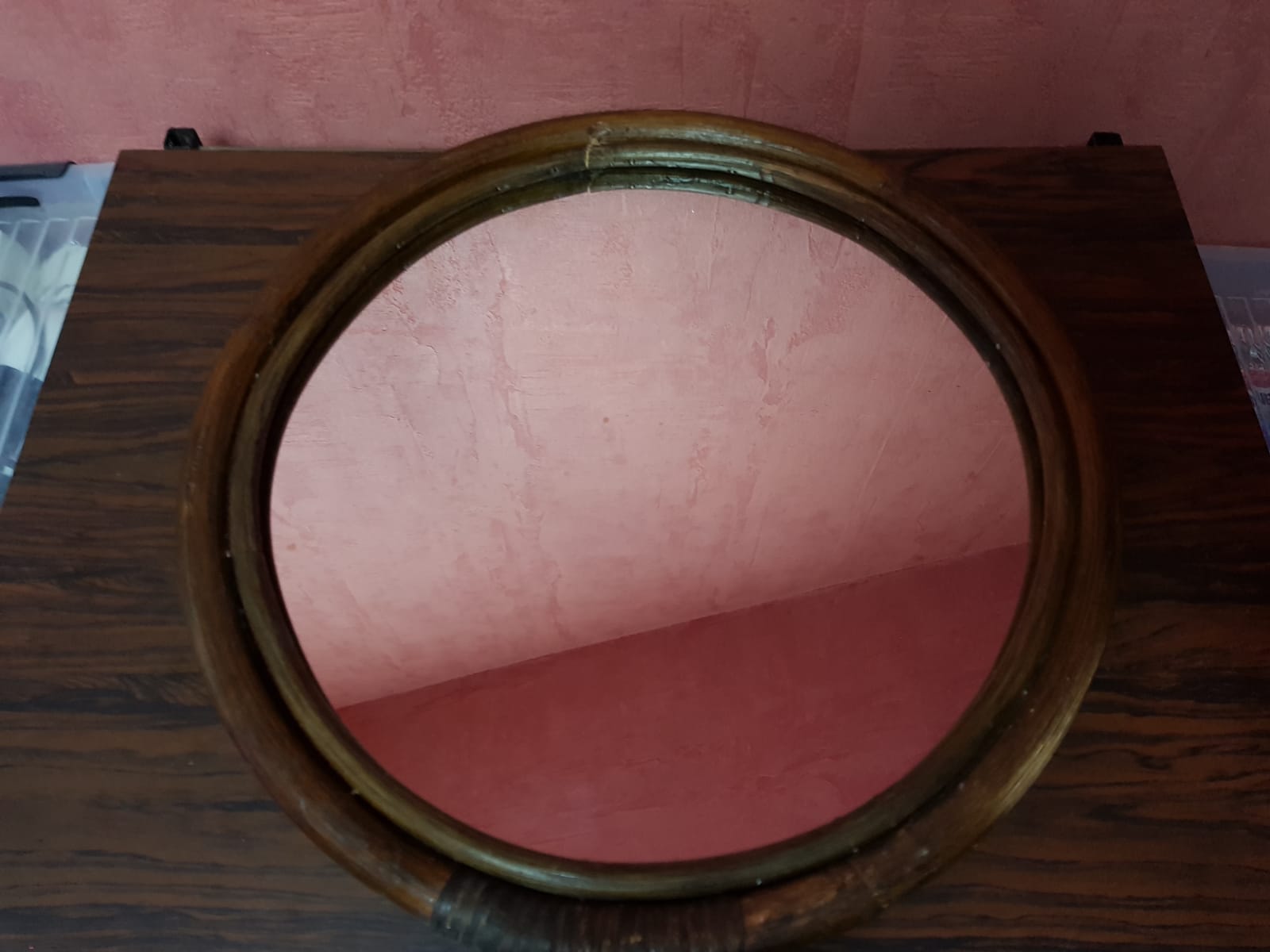 Old Round Mirror In Vintage 70s Rotin 41cm