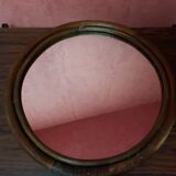 Old Round Mirror In Vintage 70s Rotin 41cm