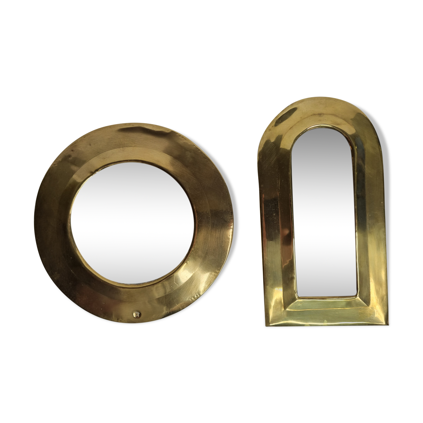 Set of 2 Moroccan mirrors in brass, round and arch-shaped, 70s