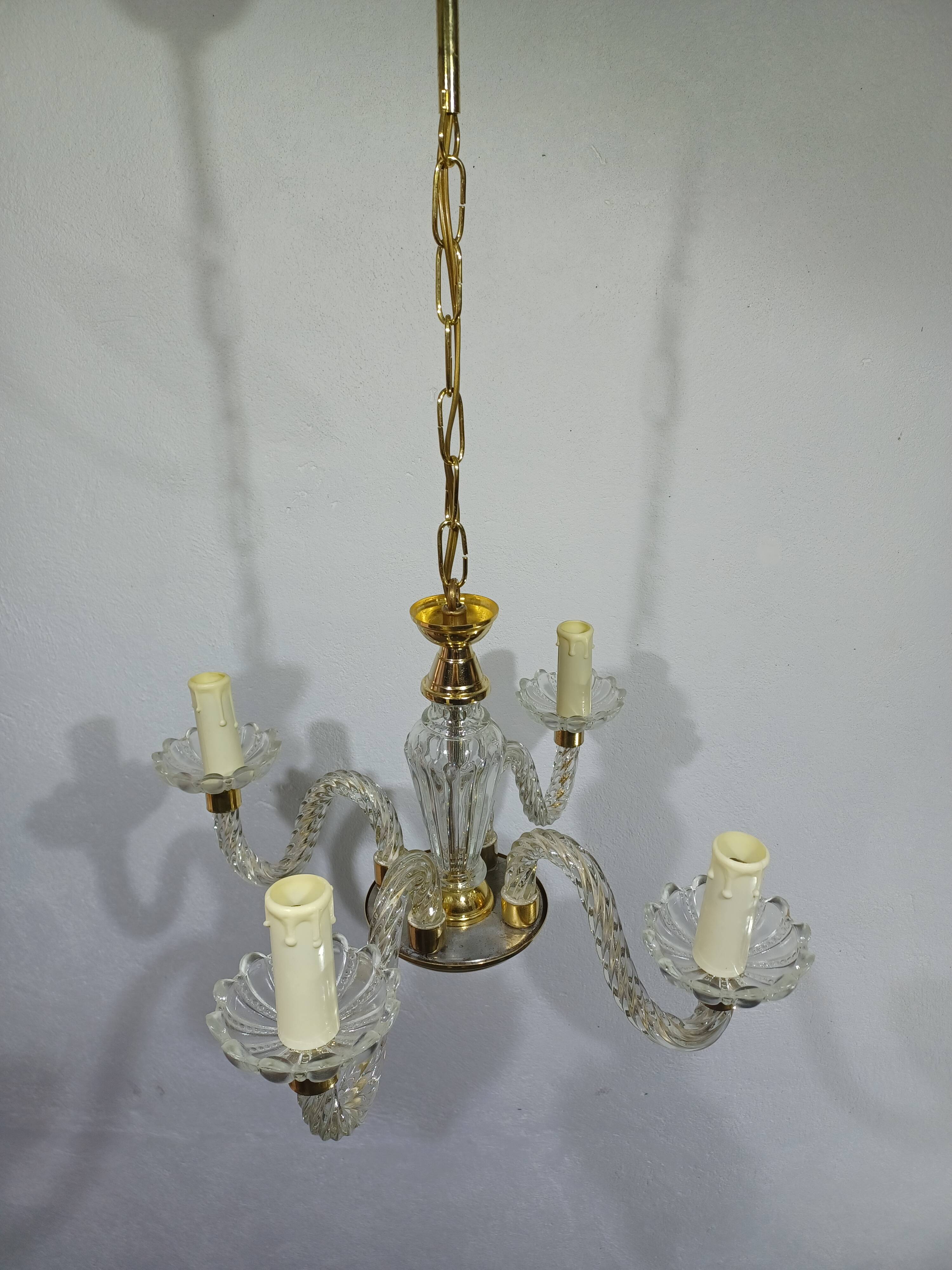 4-light glass and brass chandelier