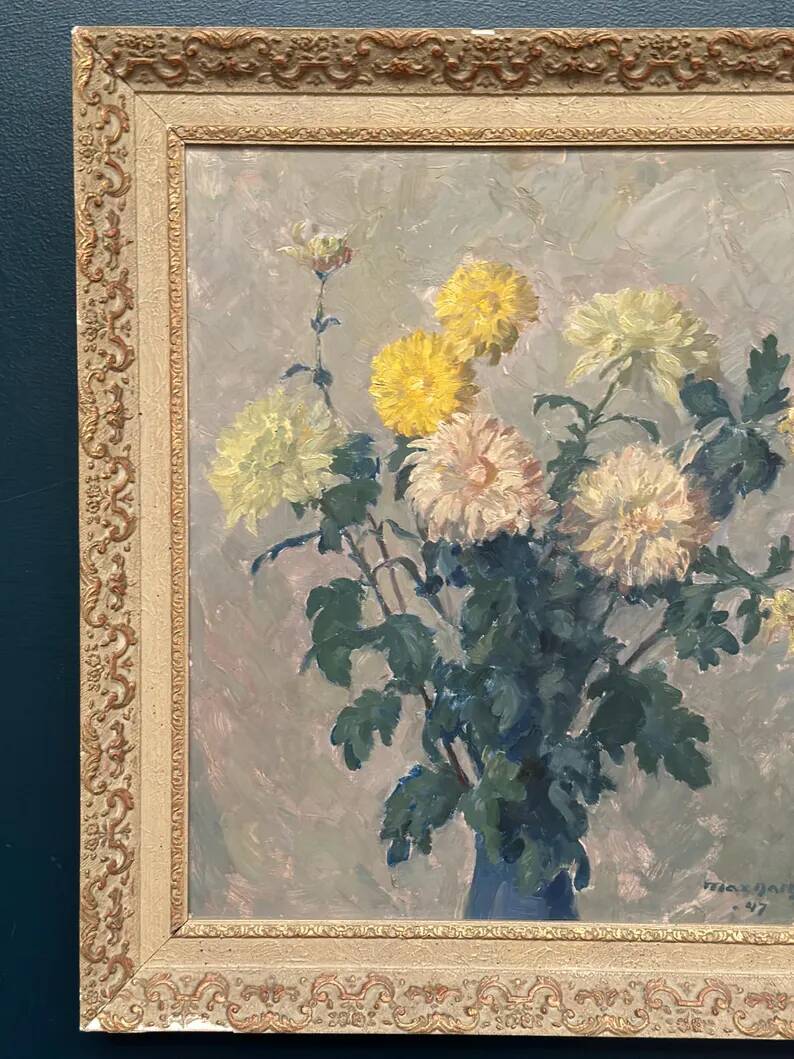Original Swedish Oil on Panel – “Chrysanthemums” by Max Hellberg – Signed – Vintage & Framed – 68 × 58 cm (26.8" × 22.8")