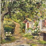 Oil on panel View of a villa in the South of France signed A. Adam circa 19