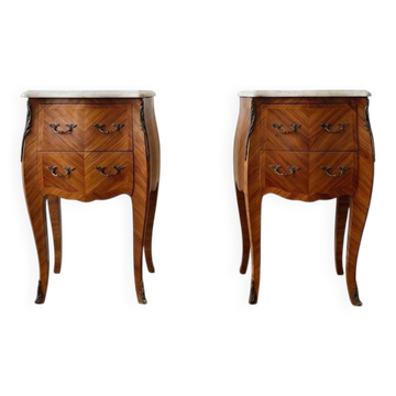 Pair of antique Louis XV bedside tables in marquetry and marble.