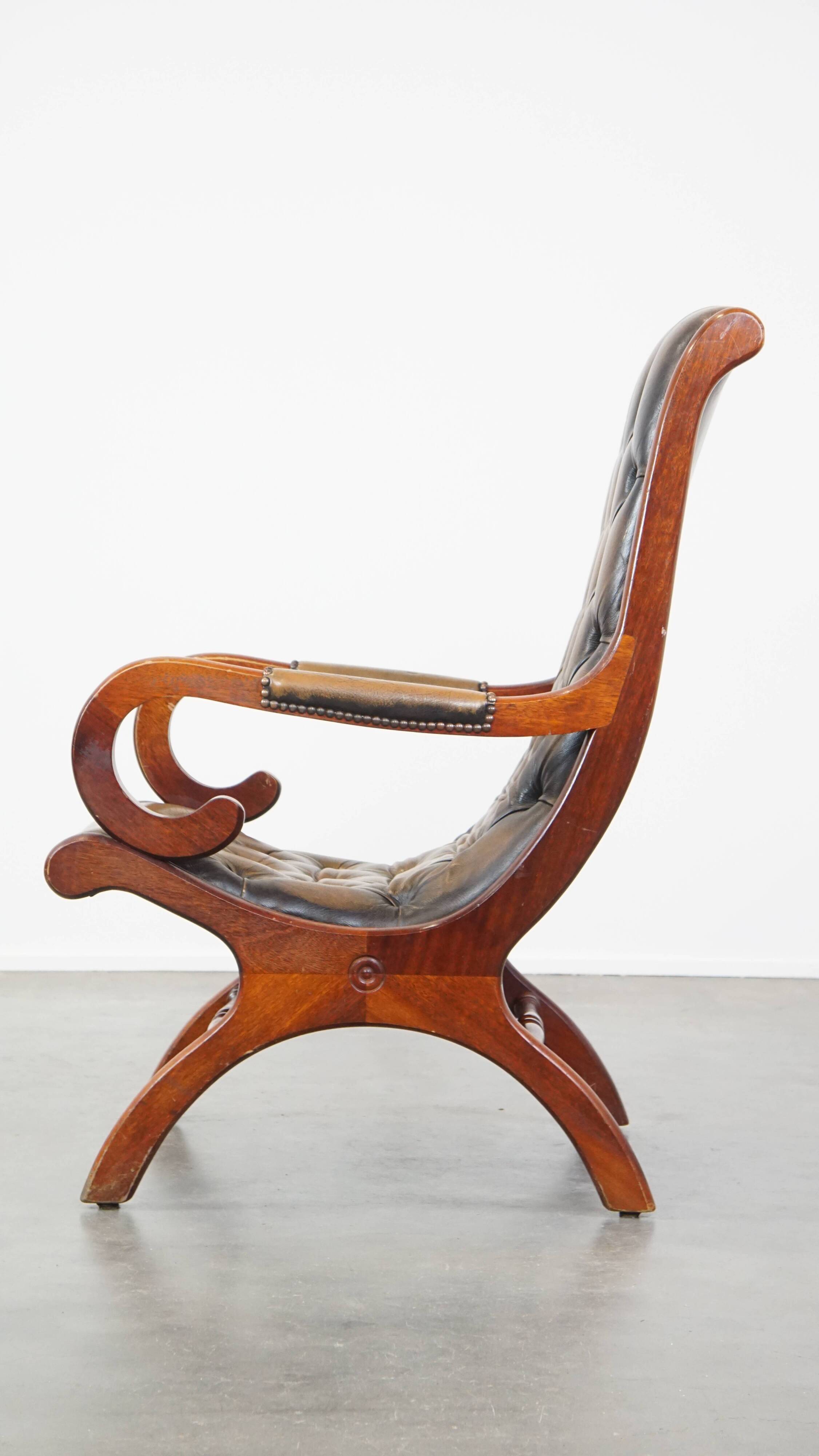 Green Vintage Leather English Chesterfield Armchair Combined with Wood