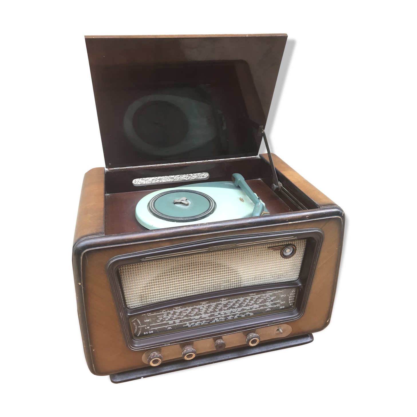 Ancien poste radio tsf & tourne disque Schneider type e6 bois vintage Selency