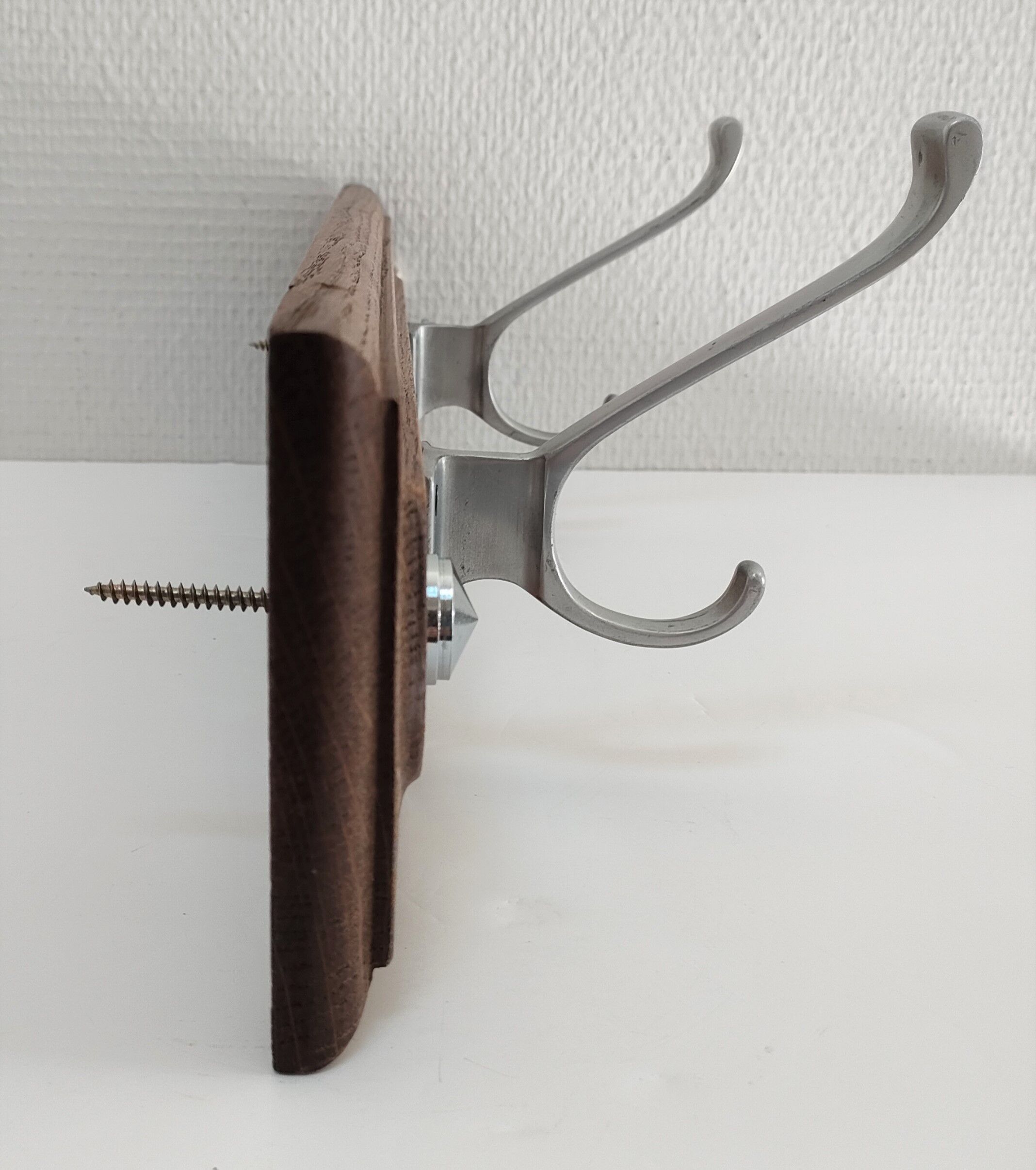 Patinated solid oak coat rack and vintage aluminum hooks