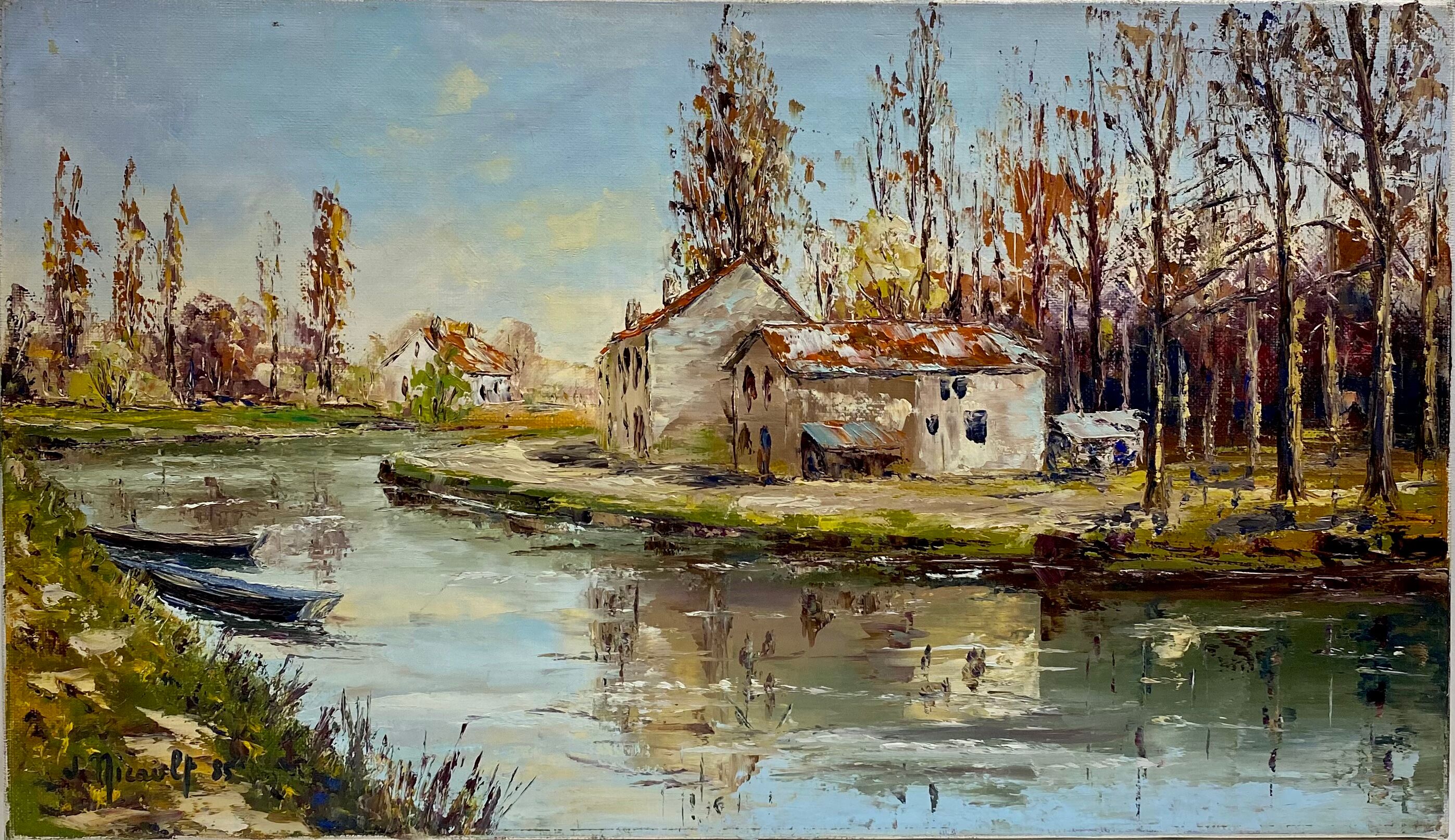 Old painting, landscape with the river signed J Micault dated 1985