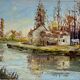 Old painting, landscape with the river signed J Micault dated 1985