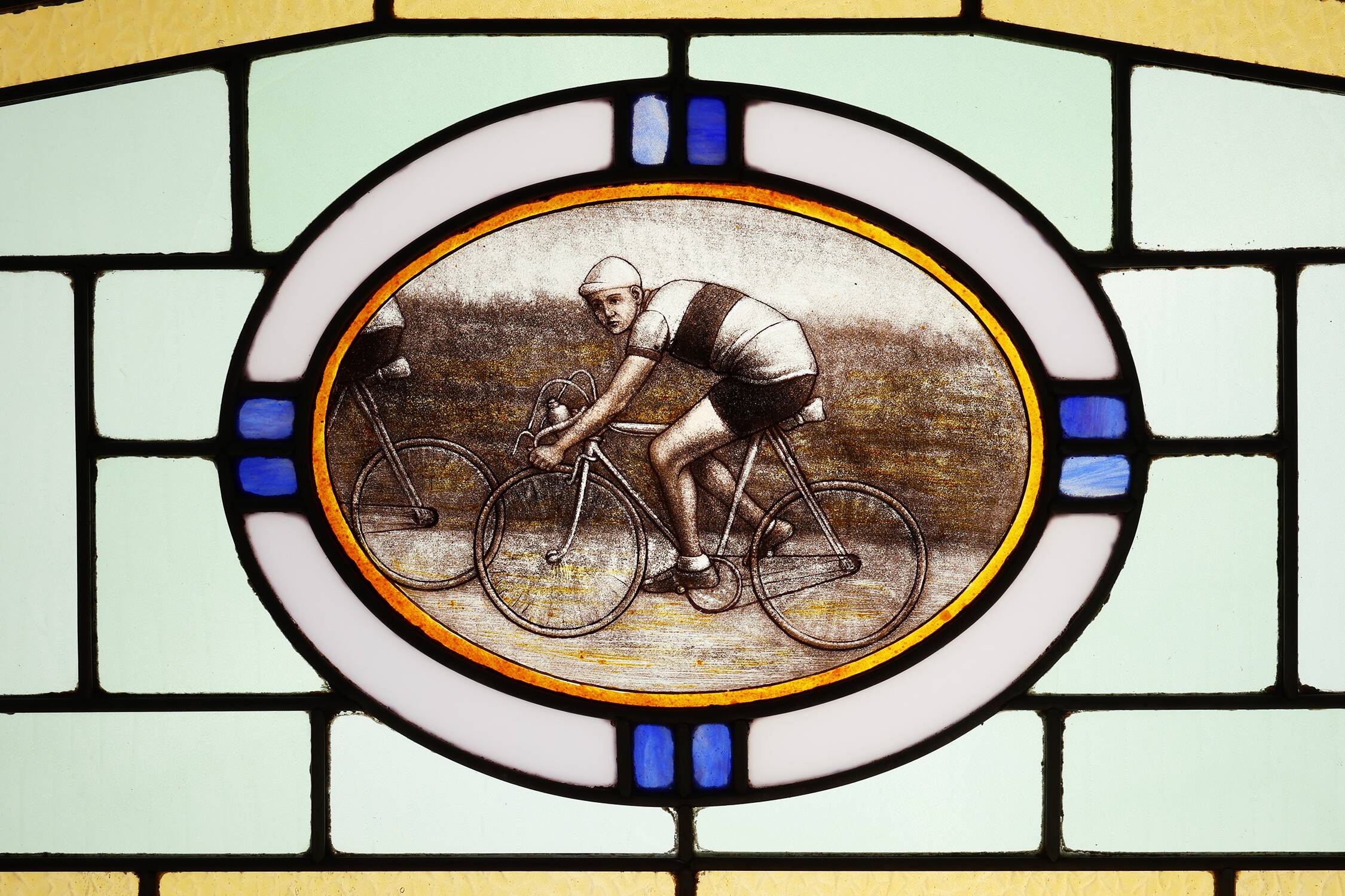 Art Deco Stained Glass Panel Depicting Cyclists in Motion, Belgium ca. 1910