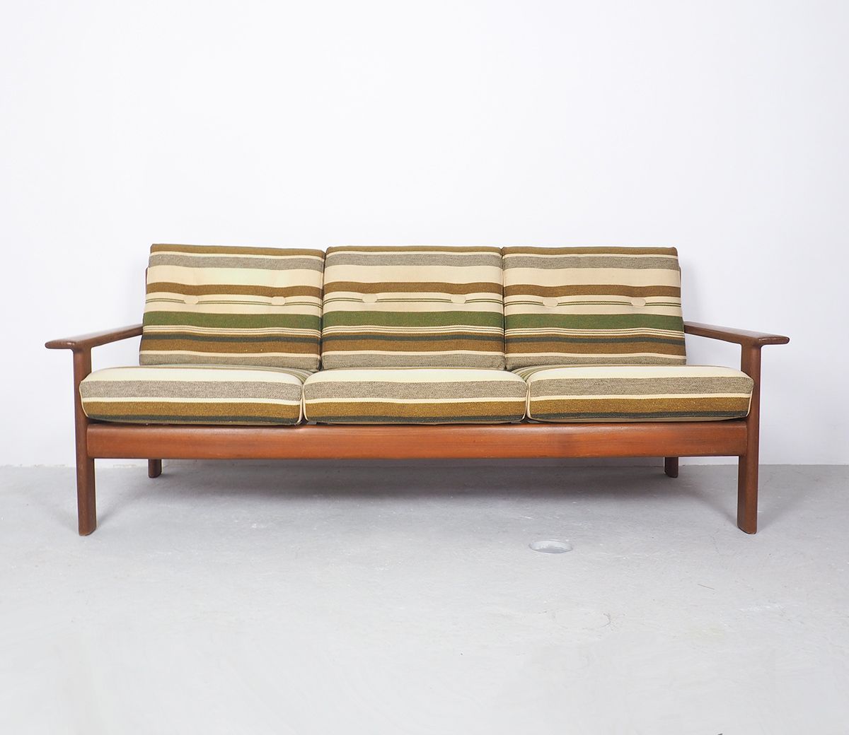 Danish design teak sofa with green striped cushions, 1960's