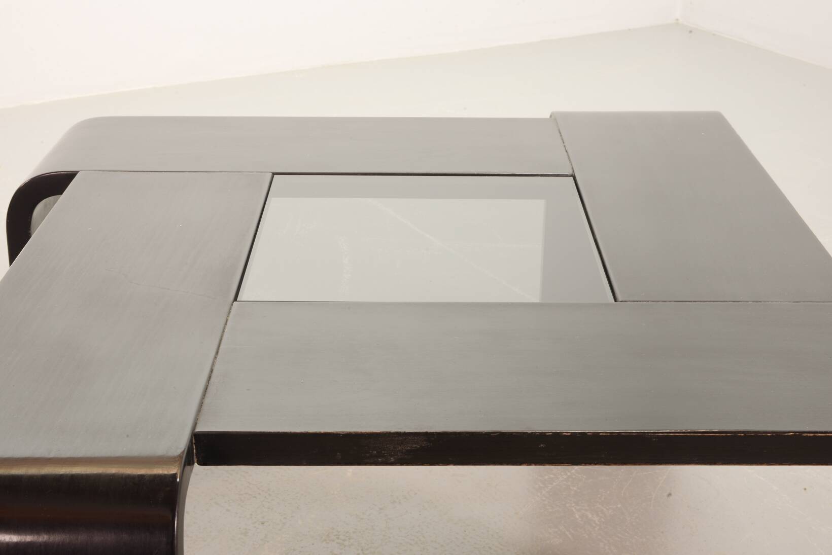 Square Black Lacquered Plywood Coffee Table with Smoked Glass Panel, 1970s