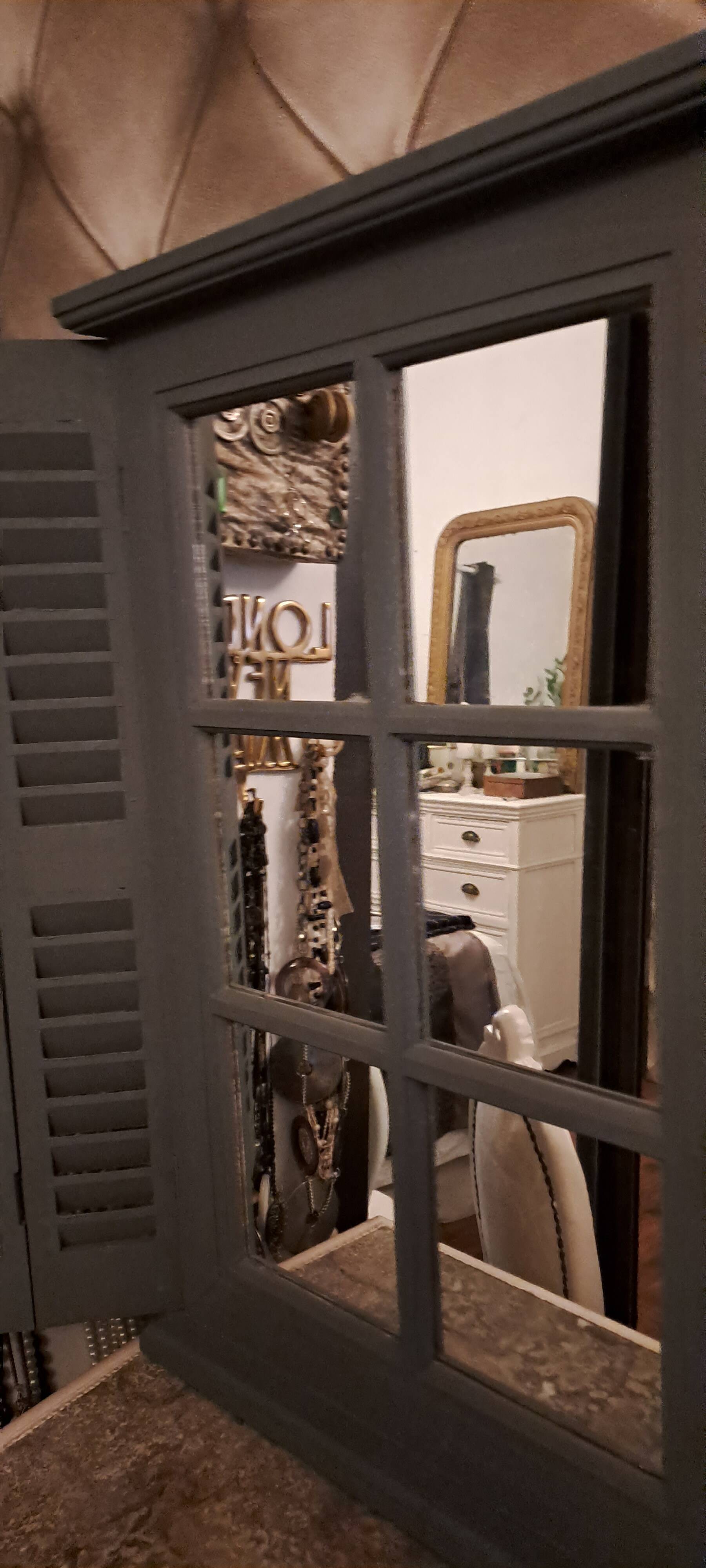 Dark grey wooden trompe l'oeil shutter mirror 1990 / wall decoration object Shutter-style mirror