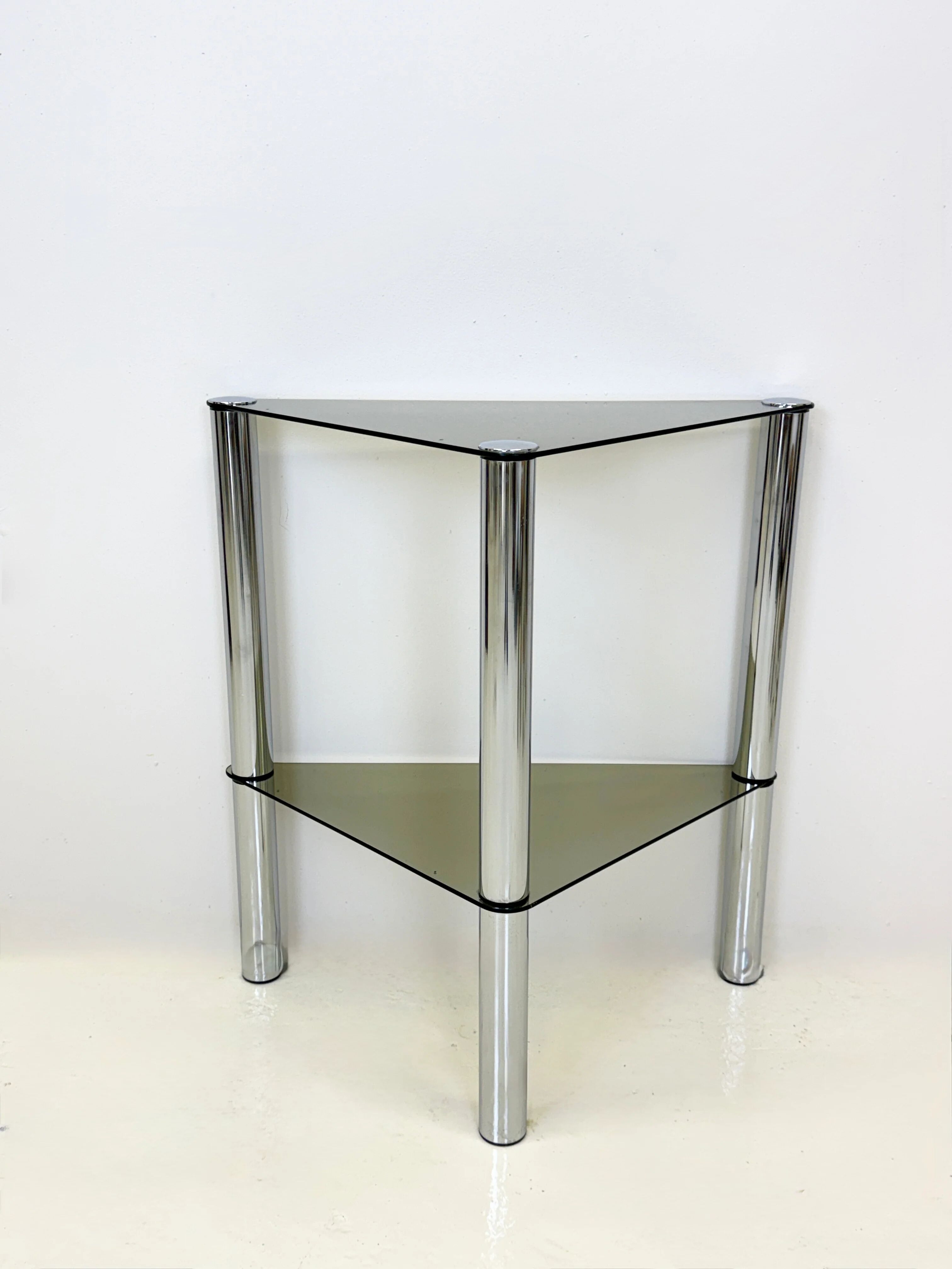 Smoked glass and chrome side table — France, 1970s