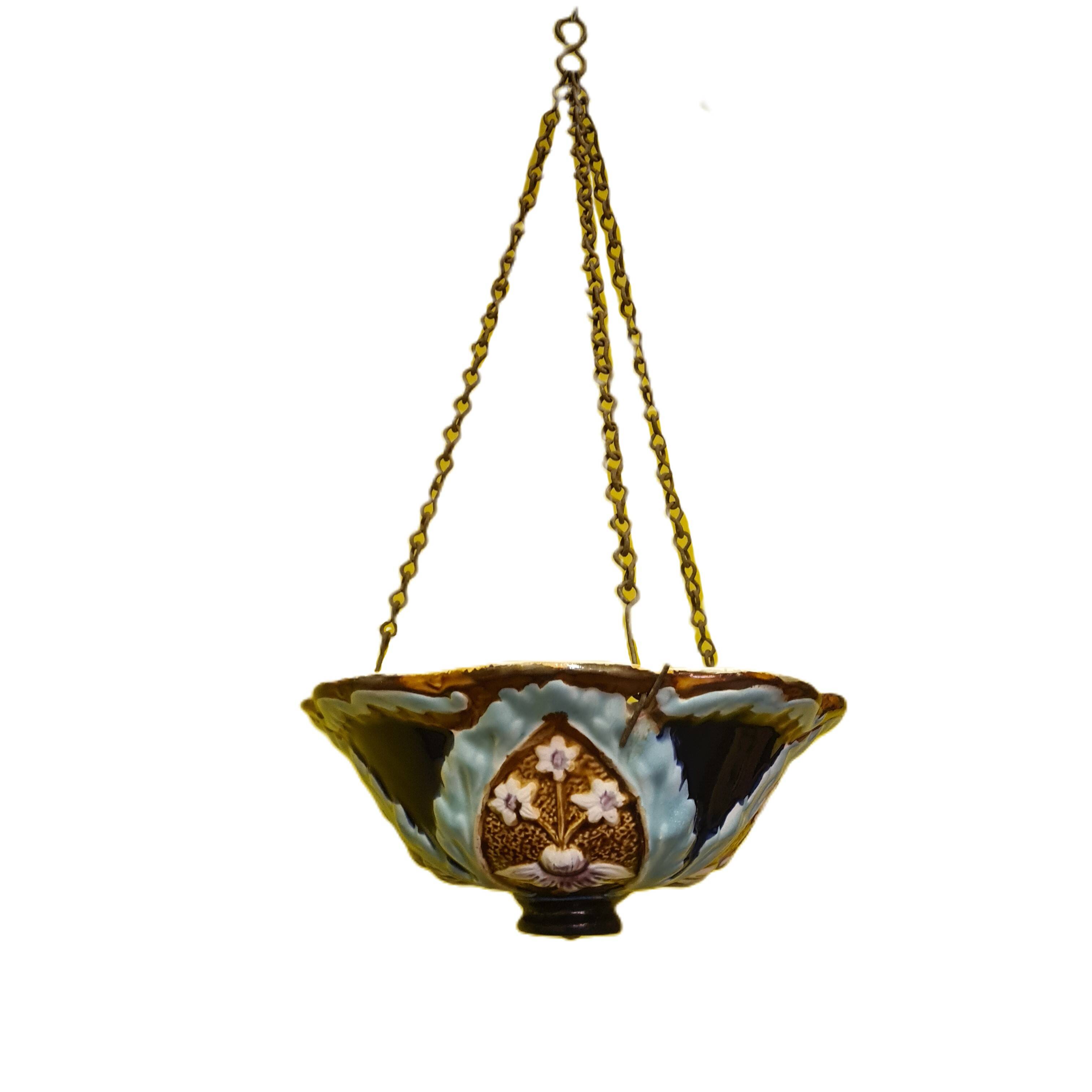 French art nouveau majolica hanging flower pot, early 20th century
