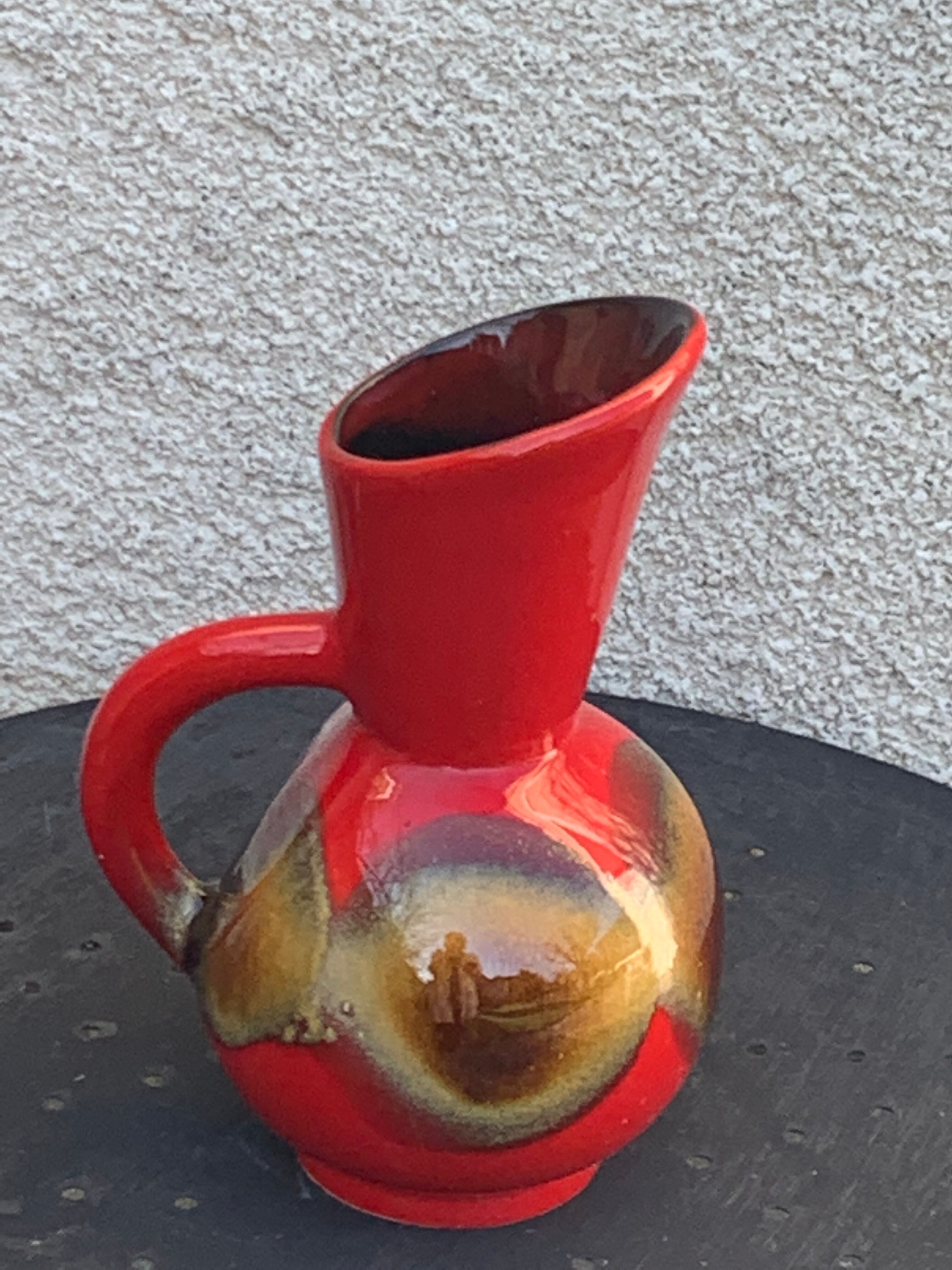 Red and beige glazed ceramic jug, pitcher, carafe, designer and vintage