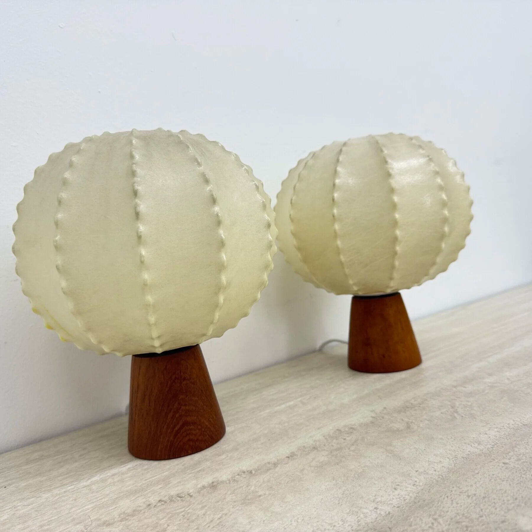 Pair of Goldkant Leuchten cocoon with teak base table lamps, 1970s