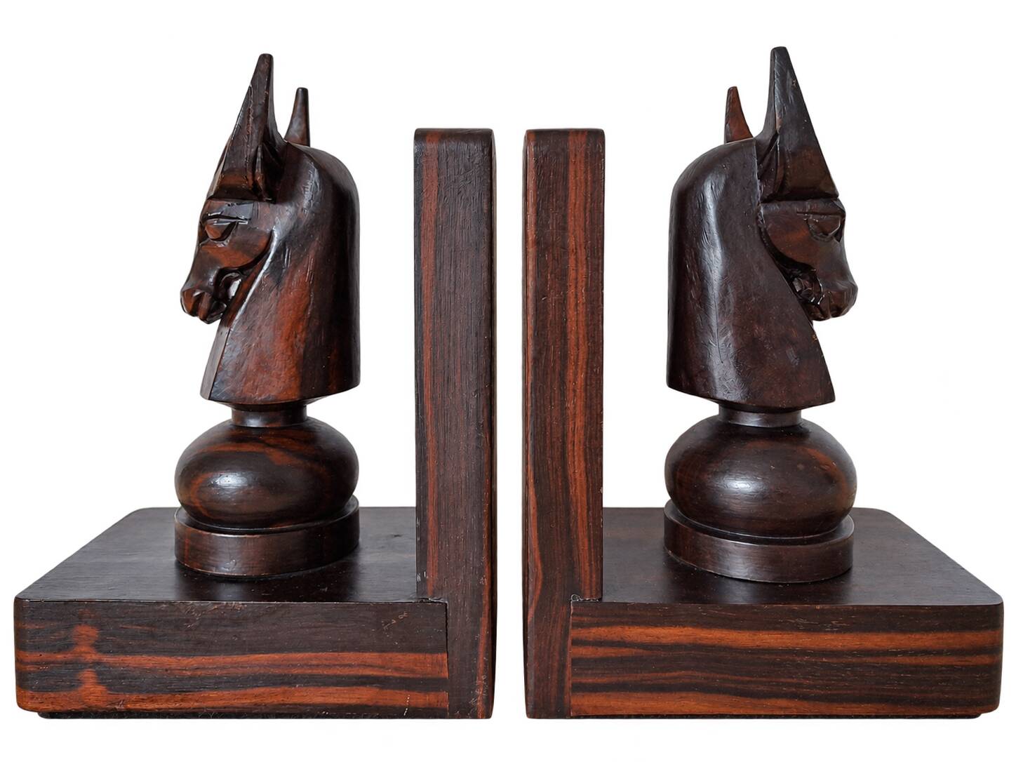 Pair of vintage wooden bookends with stylised horse heads.
