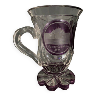 Chope en verre de Bohême 1900 fond blanc et violet Baden