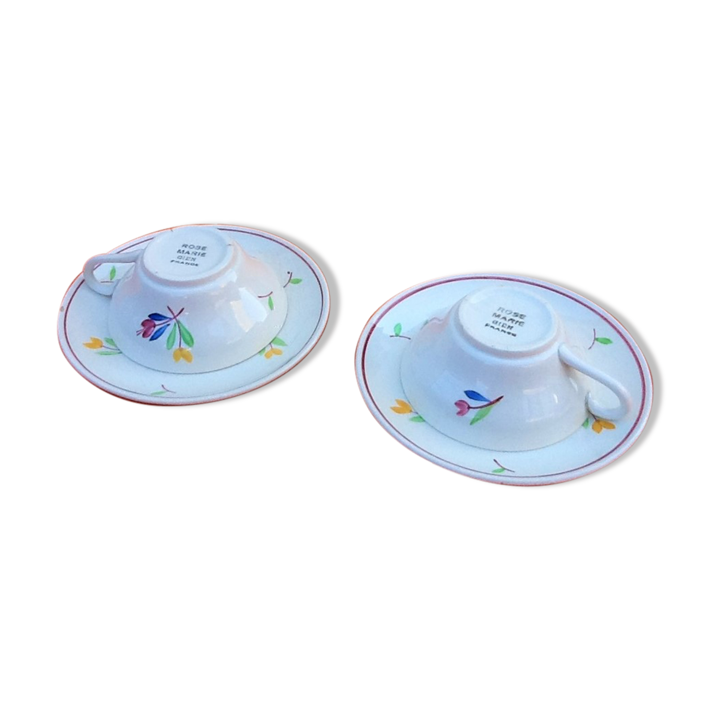 Duo tasses soucoupes à café faïence de Gien modèle rose marie