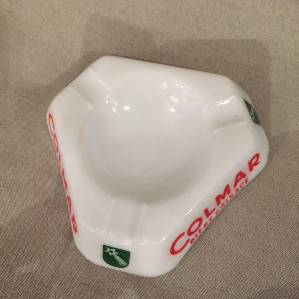 Cendrier publicitaire pour la biere d'alsace colmar en opaline blanc