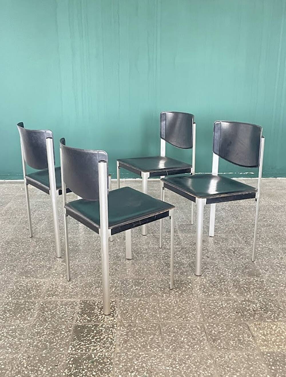 Set of 4 Matteo Grassi Postmodern Black Leather Dining Chairs, Italy, 1980s