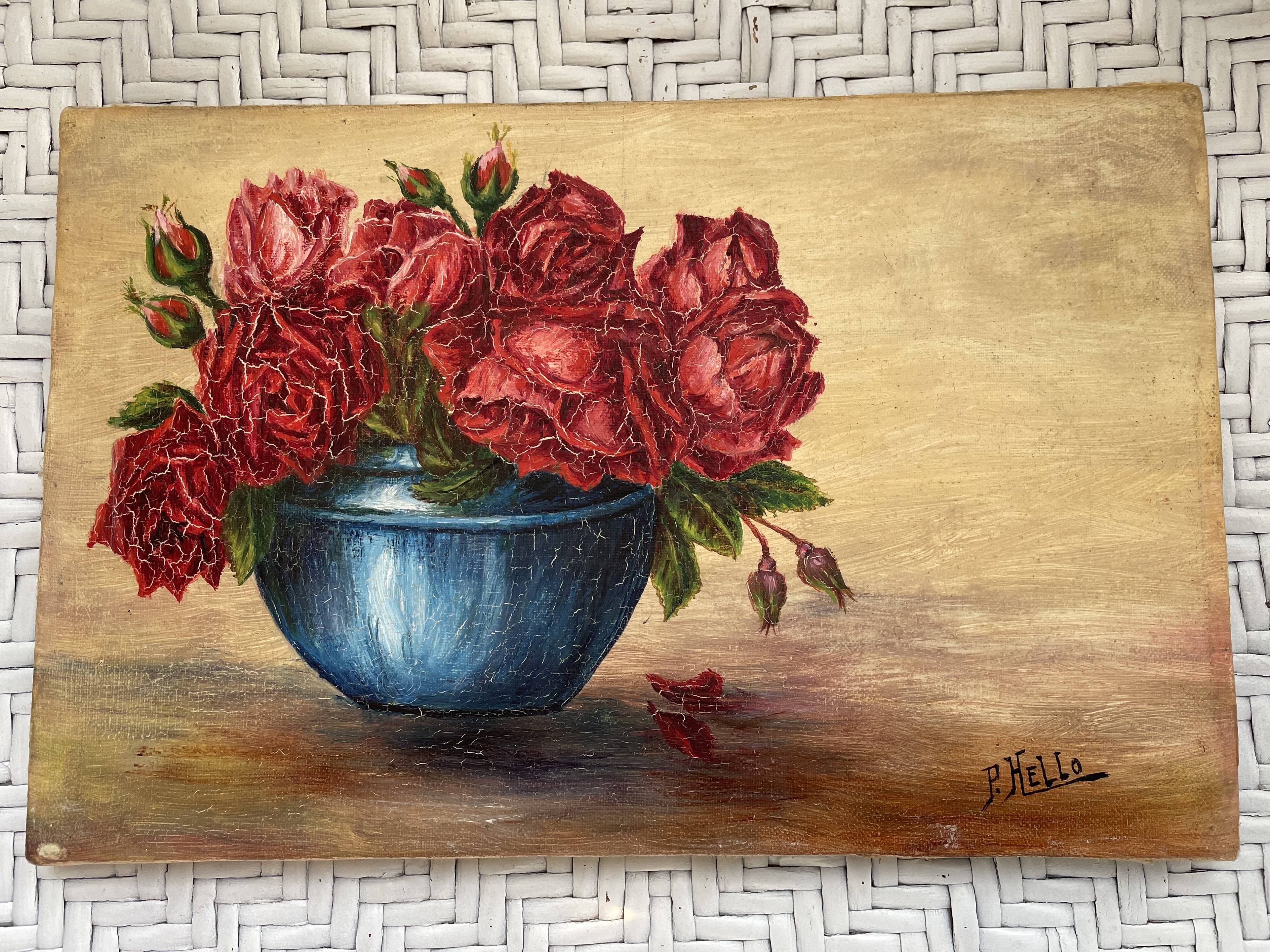 Oil on canvas bouquet of roses signed P. HELLO