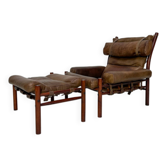 1970s vintage leather Inca lounge chair and ottoman by Arne Norell for Möbel AB
