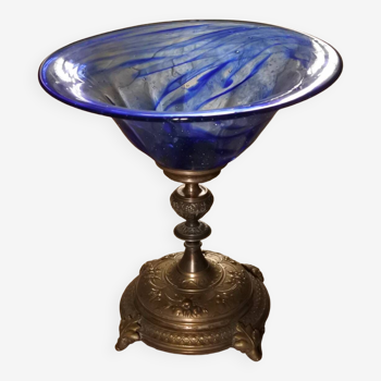 Blue glass bowl and its 19th century pewter shower base