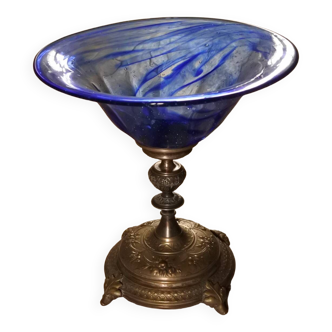 Blue glass bowl and its 19th century pewter shower base