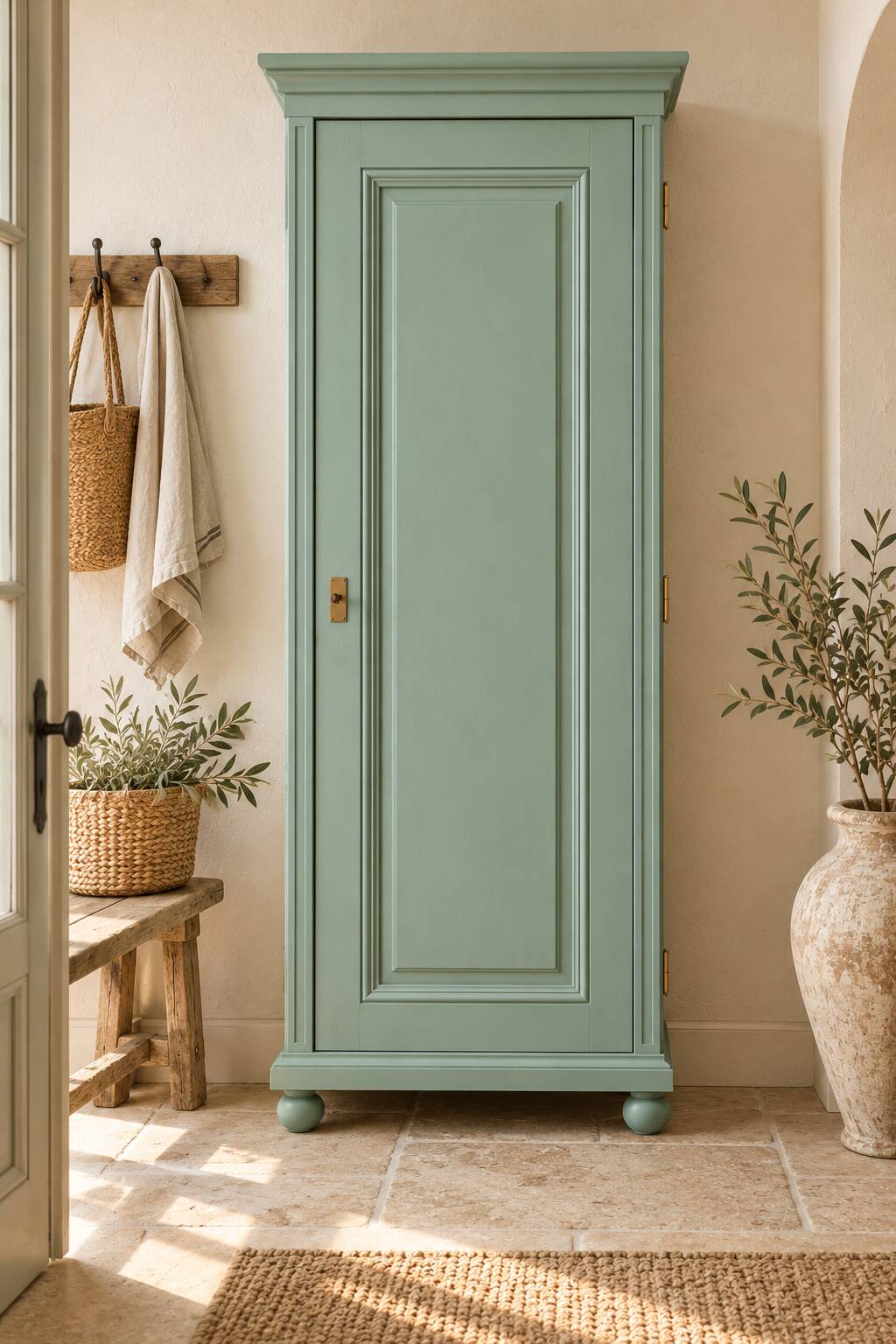 Parisian bonnetière, solid pine, Art Deco, renovated, grey-green.