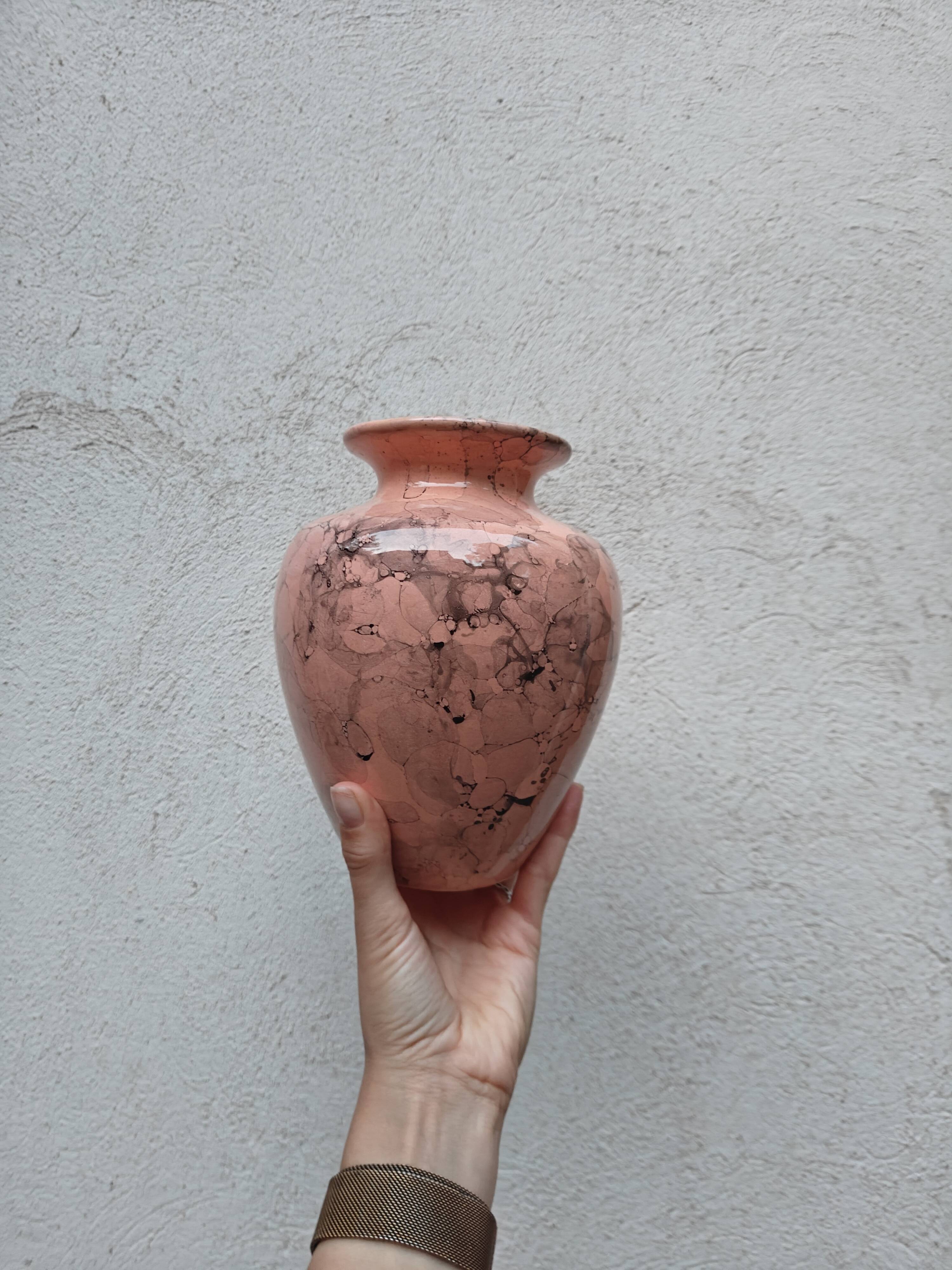 Vintage ceramic vase - powder pink / peach with pearlescent and marbled effect /